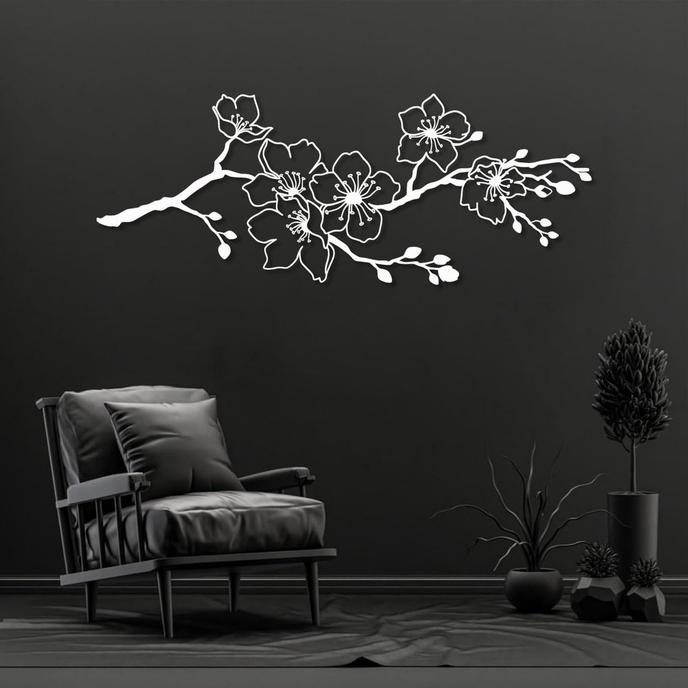 Cherry Blossom Metal Wall Decor, Metal Spring Flower Wall Hanging, Cherry Blossom Tree Wall Art, Flowers Metal Wall Art, Japanese Metal Wall Art, Wall Decor Living Room (White, 53"x21" | 135x52cm)