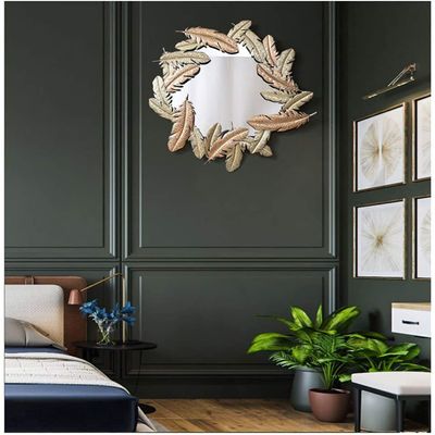 Mirror Vintage Wall Mirror Leaves Shape Round 3D Stereo Iron Shabby Chic No Rust and Anticorrosion Process Elegant and Quiet Wall Mirror Hand Forging Decorative Wall Mountable Shabby Chic