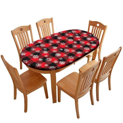 AngelSept Elastic Edge Oval Fitted Tablecloth, Christmas Snowflake Buffalo Plaid Black Red Table Cover, for Indoor Outdoor Party Dinner Patio, Fits for 36 x 60 Oval Table