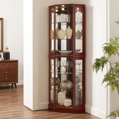 Knocbel 72" Tall Corner 6-Shelf Curio Cabinet with 2 Tempered Glass Doors and 4 Adjustable Storage Shelves, Free Standing Display Showcase Bookshelf for Living Room Bedroom Home Office (Cherry)