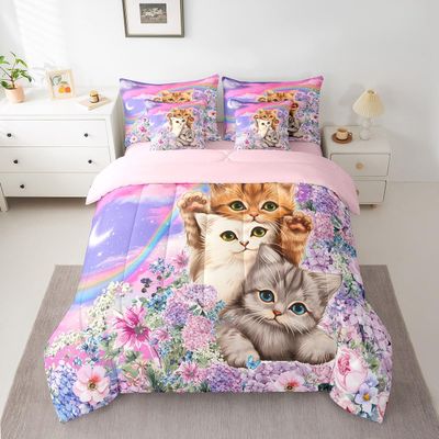 Manfei 7 Pieces Kawaii Cats Comforter Set Queen, Watercolor Flower Floral Bedding for Kids Boy Girls, Rainbow Clouds Bed Set(1 Comforter,1 Fitted Sheet,1 Flat Sheet,2 Pillowcases,2 Throw Pillow Cover)