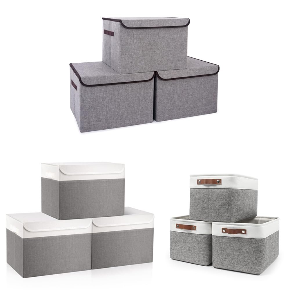 Bagnizer Large 17" 42 Quarts Stackable Storage Bins with Lids 3 Pack + Large Fabric Storage Baskets for Shelves 3 Pack
