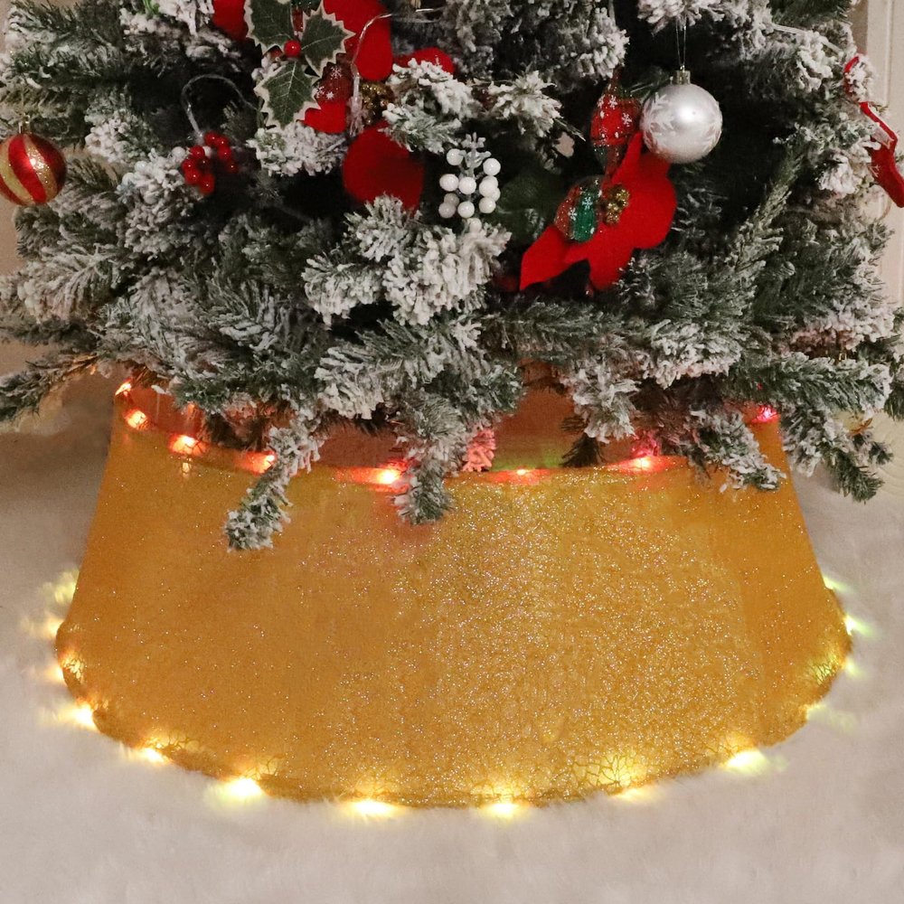 Christmas Tree Collar with Lights Christmas Tree Ring Prelit Tree Base Collars with 17 Light Modes for Artificial Xmas Pencil Trees Decorations, 24 Inch, Gold