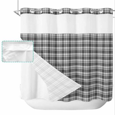 ALAGEO Shower Curtain with Snap-in Fabric Liner Set Buffalo Plaid No Hook Shower Curtain with Mesh Top Window Stripe Grey Shower Curtains Waterproof 72x72