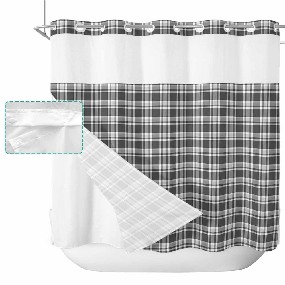 ALAGEO Shower Curtain with Snap-in Fabric Liner Set Buffalo Plaid No Hook Shower Curtain with Mesh Top Window Stripe Grey Shower Curtains Waterproof 72x72
