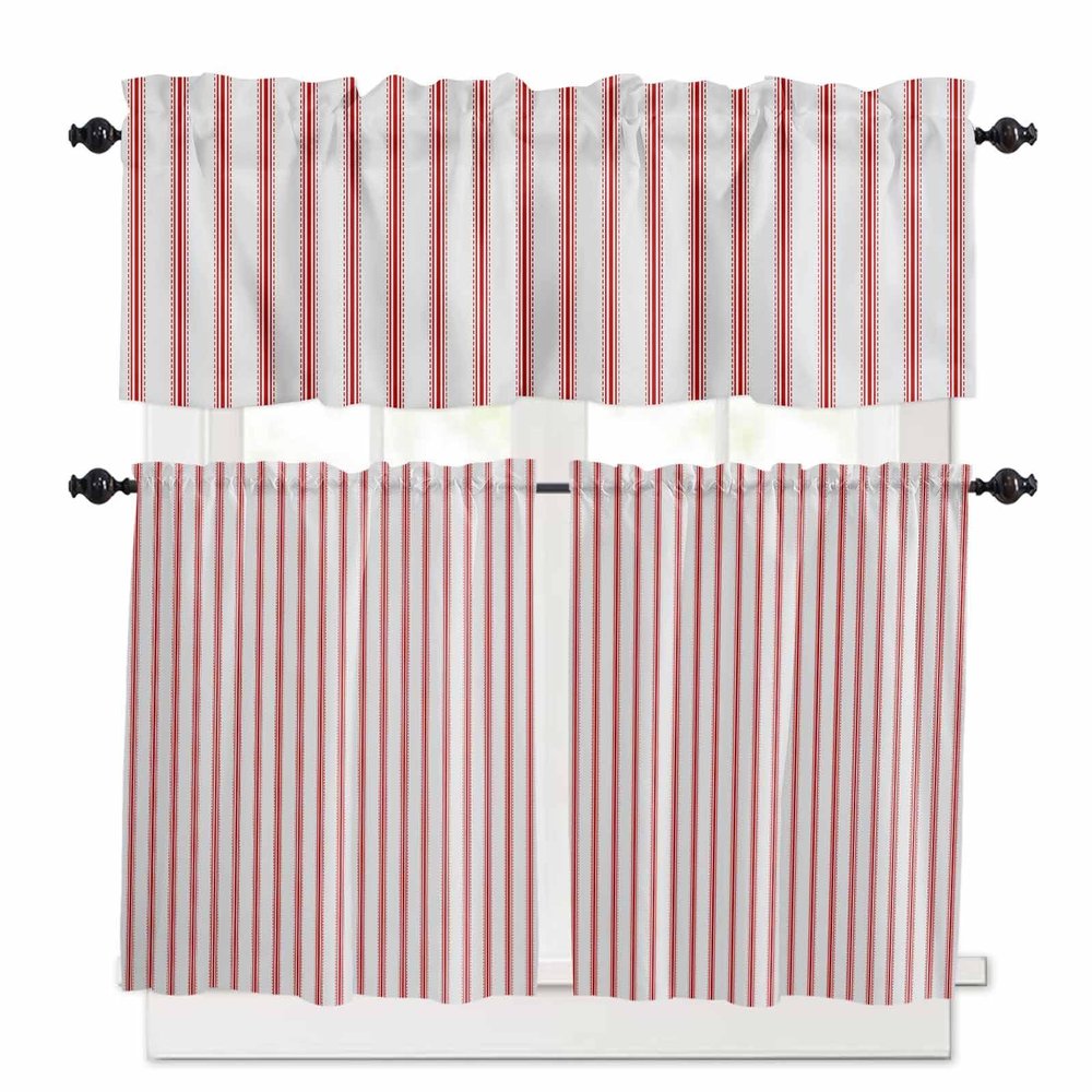 Red Vertical Stripes Kitchen Curtain Valance and Tiers Set,Geometric Minimalist Solid Bohemian Dots Rod Pocket Bedroom Living Room Small Tier Valances Office Cafe Window Curtains Panel,54x18+27.5x24*2