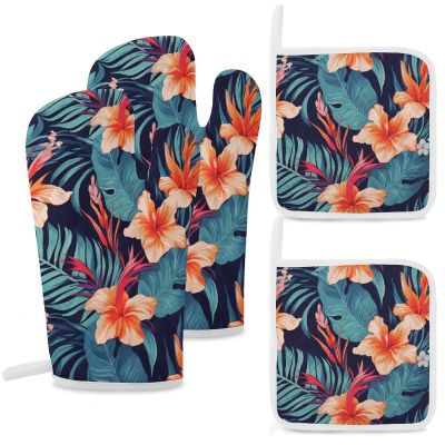 4 Pcs Oven Mitts and Pot Holders Heat Resistant Kitchen Oven Mitts with Pot Holders Hawaii Tropical Flower Microwave Gloves Non-Slip Kitchen Hot Pads Set for Baking Cooking BBQ