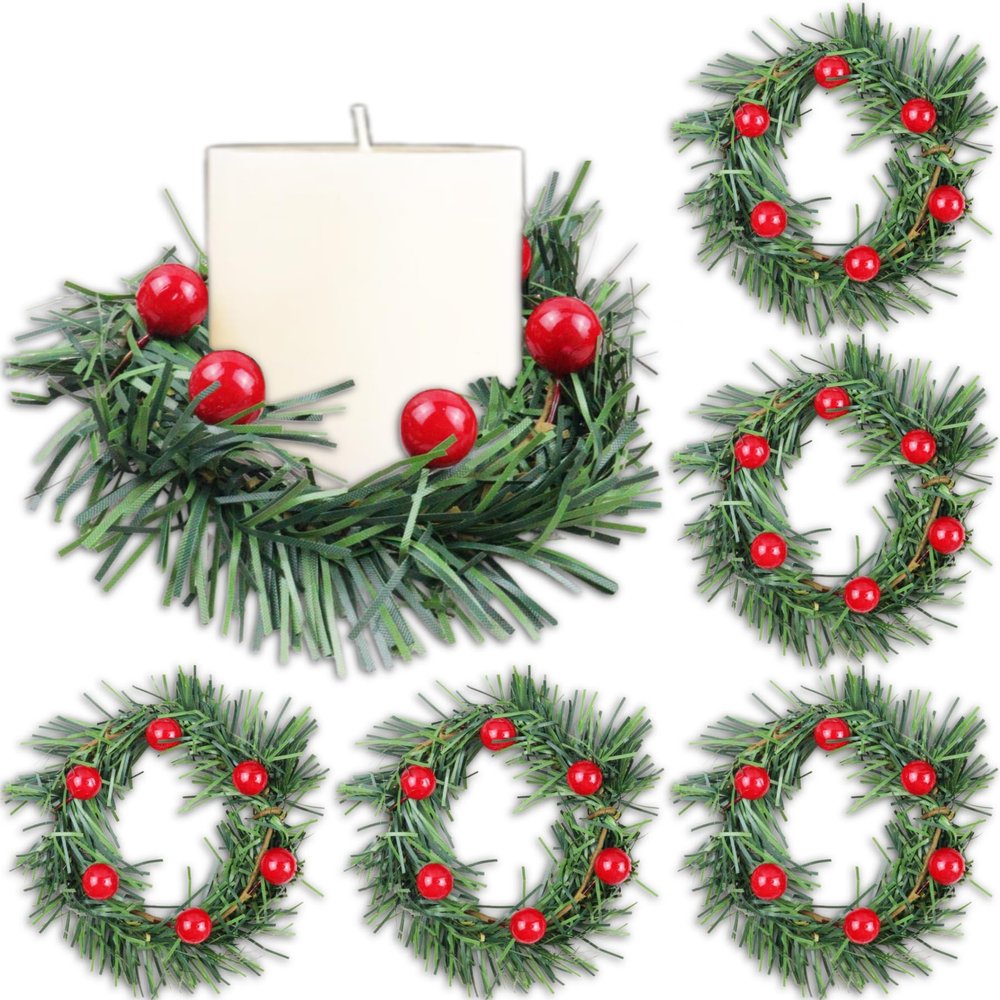 Brihasory Red Berries 6pcs Christmas Candle Rings for Pillars, Pine Needles Christmas Wreath Wedding Party New Year Dinner Candle Holders for Table Centerpieces Wall Door Window Fireplace Decor