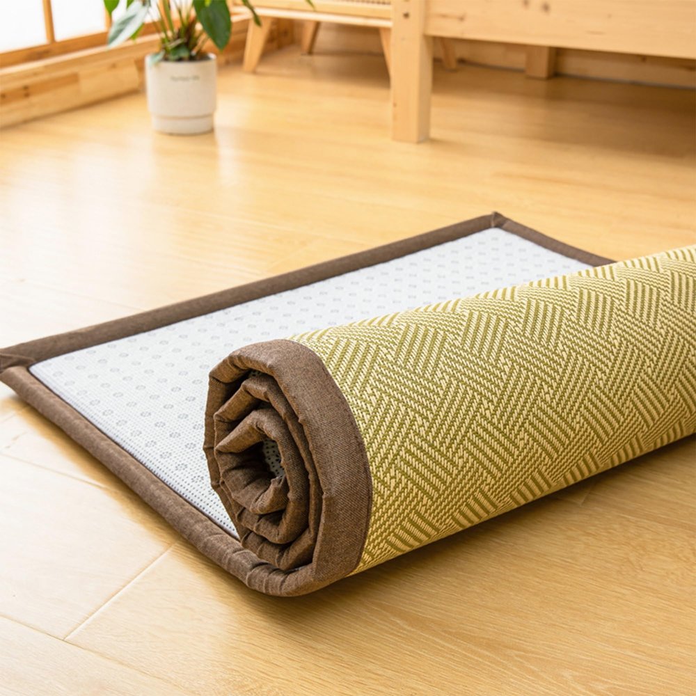 Japanese Floor Mattress Roll Up Mattress Tatami Mat Breathable Floor Lounger Guest Bed for Non Slip Floor Bed Foldable Ground Sleeping Pad Portable Natural Mats for Sleep, Yoga, Rug.(Light green,39x78