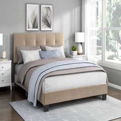 Generic 1pc Queen Platform Bed Brown Velvet Upholstered Adjustable Height Headboard Button Tufted Solid Wood Furniture Modern Bedroom