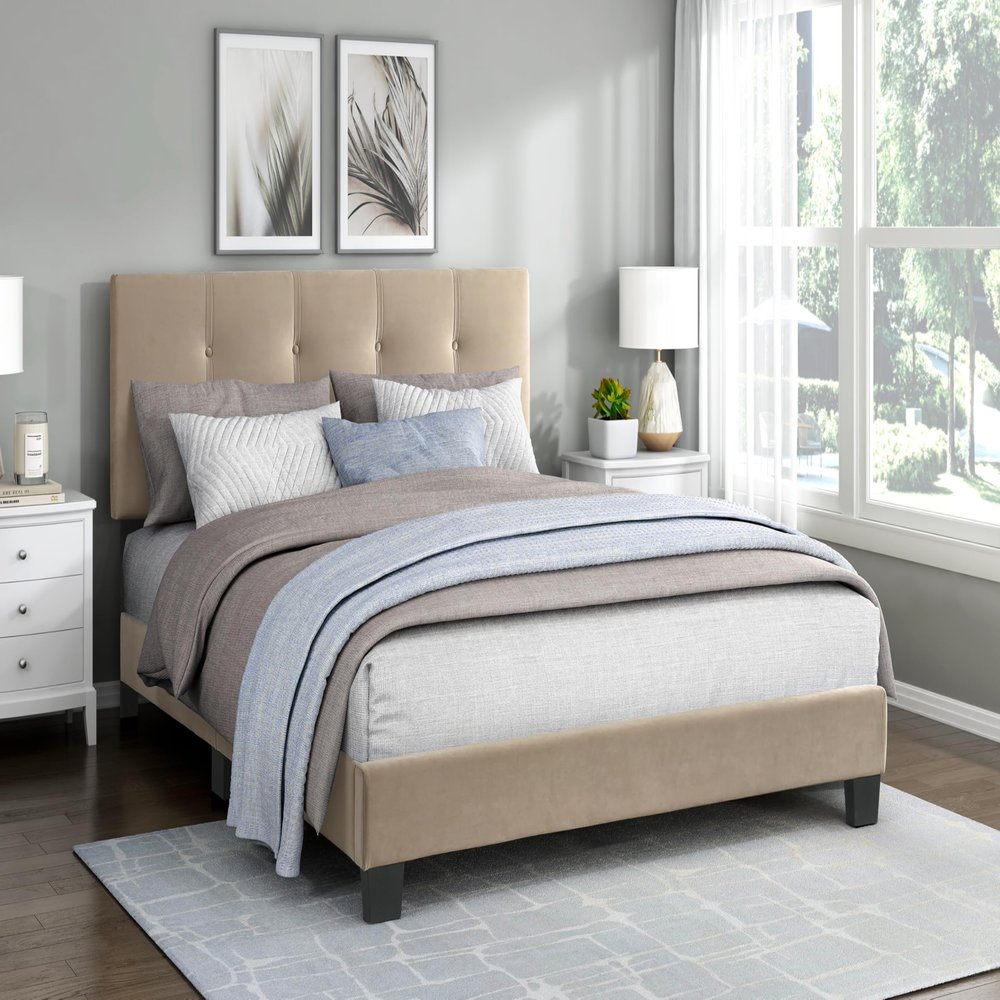 Generic 1pc Queen Platform Bed Brown Velvet Upholstered Adjustable Height Headboard Button Tufted Solid Wood Furniture Modern Bedroom