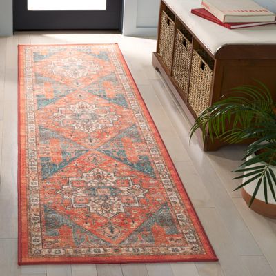 SAFAVIEH Washable Rug Journey Collection - 2'2" x 8' Runner, Rust & Blue Ivory, Slip Resistant & Easy Cleaning, Ideal for Living Room, Hallway, Foyer, Nursery, Bedroom, Boys & Girls Room (JNY101P)