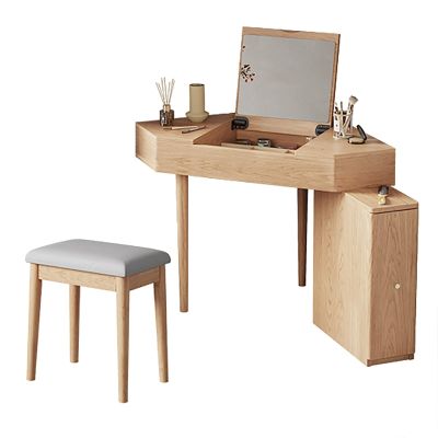 BAYTEWJX Corner Makeup Desk Vanity Cosmetics Table with Cushioned Stool and Side Cabinet Vanity HD Mirror Dressing Table Wooden Bedroom Vanity Table for Dressing Room Women Girls.