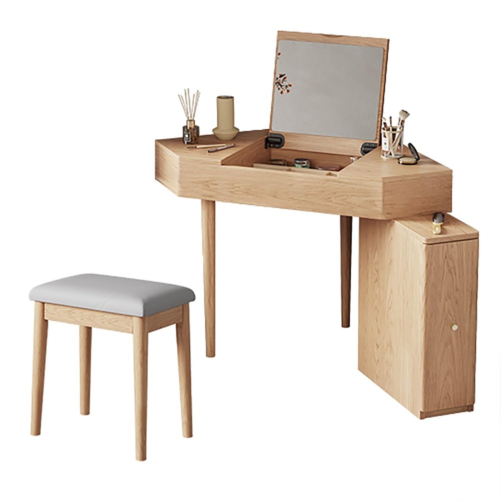 BAYTEWJX Corner Makeup Desk Vanity Cosmetics Table with Cushioned Stool and Side Cabinet Vanity HD Mirror Dressing Table Wooden Bedroom Vanity Table for Dressing Room Women Girls.
