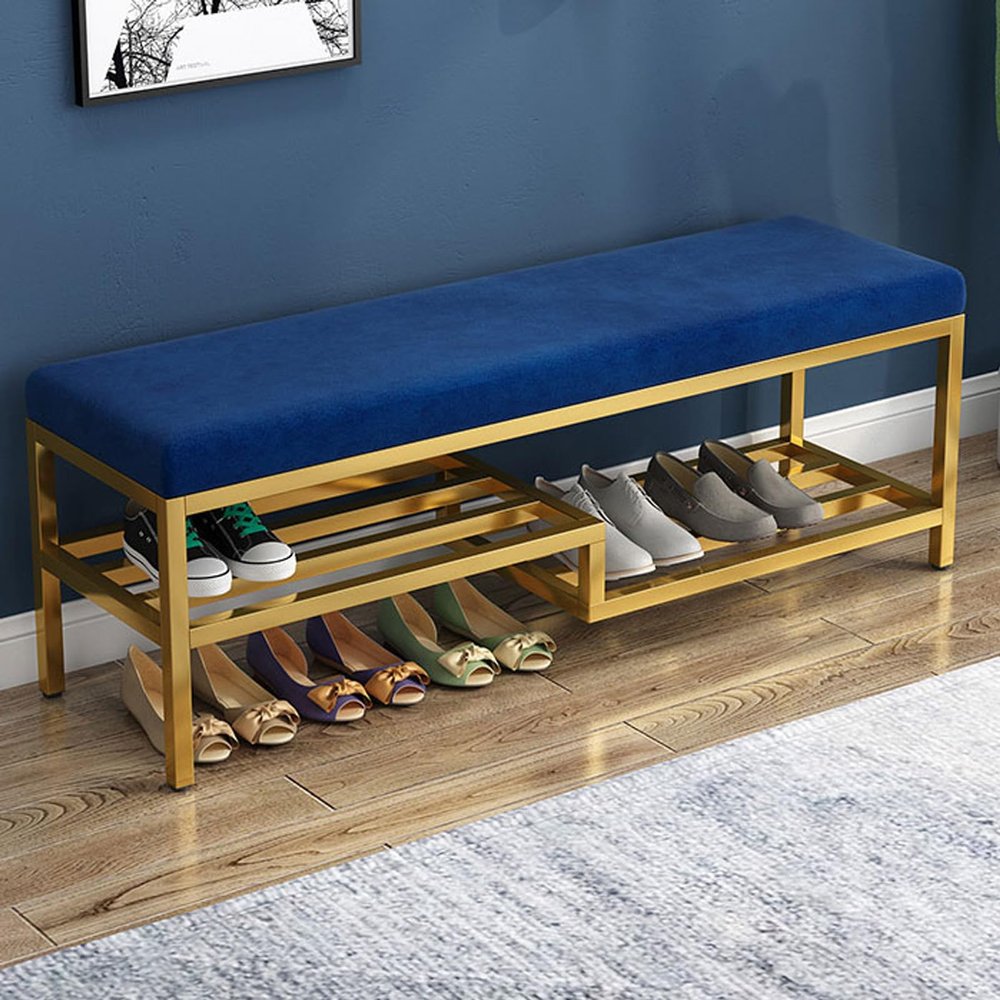 HomeLoft Basics Velvet Fabric Shoe Bench with Storage Shelf and Seating Entryway Bench Upholstered Bench Metal Frame for Indoor Hallway Load 660 lb, 120X35X50cm, Blue