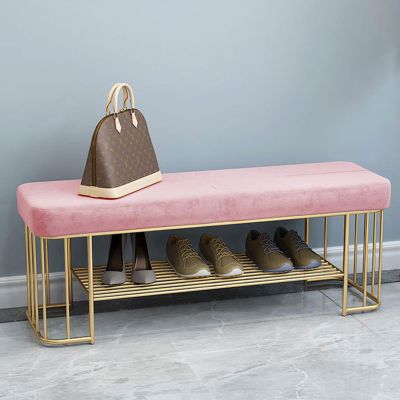 HomeLoft Basics Long Bench with Metal Legs Velvet Shoe Bench Front Door Entrance Upholstered Bench with Storage Shelf Shoe Rack Bench, 100X30X45cm, Pink