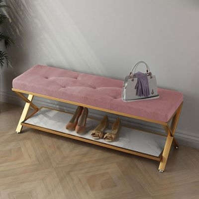 Entryway Bench with Upholstered Cushion Velvet Fabric Shoe Bench 2 Tier Shoe Rack Bench Metal Frame Hallway Long Bench for Living Room