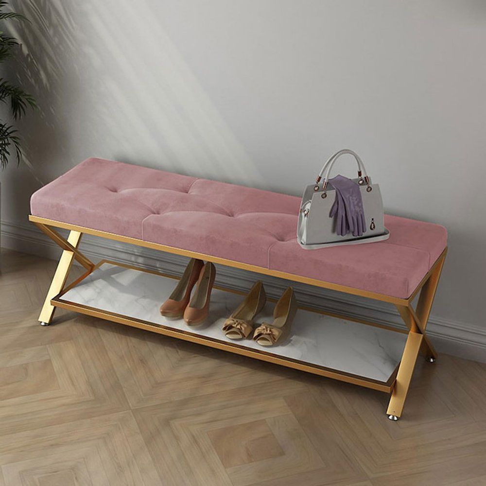 Entryway Bench with Upholstered Cushion Velvet Fabric Shoe Bench 2 Tier Shoe Rack Bench Metal Frame Hallway Long Bench for Living Room