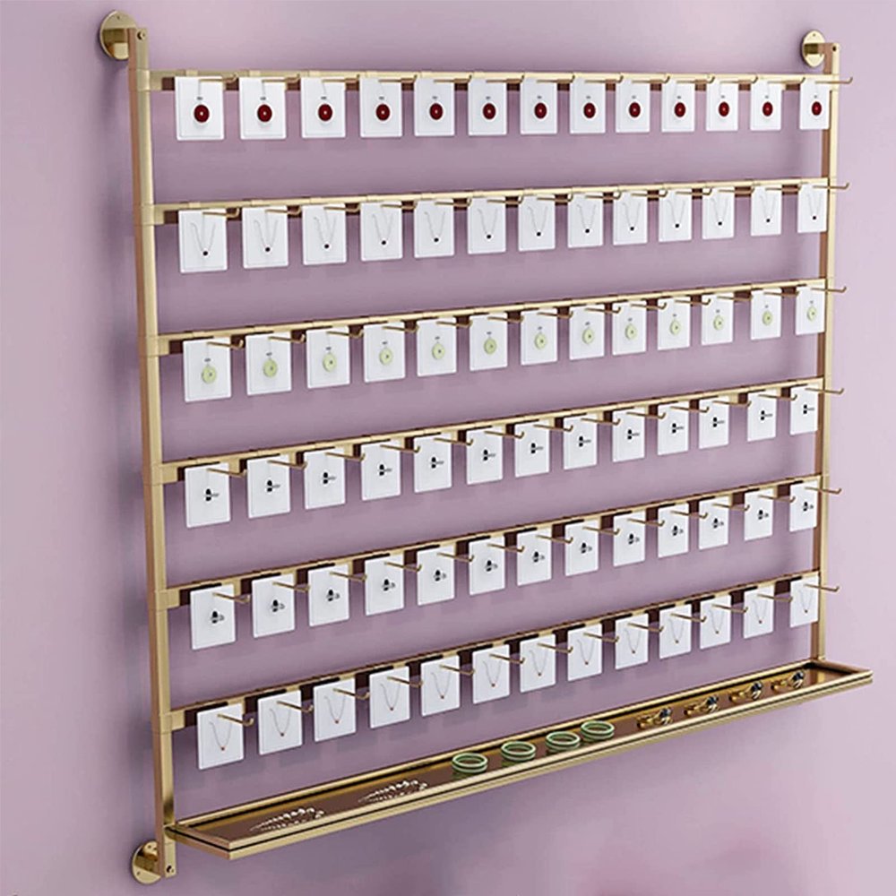 HomeLoft Basics Earring Holder Keyring Shelf - Wall Mounted Hanging Jewelry Organizer with Hooks for Necklace, Earring, Ring, Bracelet, Sunglasses, Socks - Metal Closet Rod Retail Shelves Storage Stand, Gold