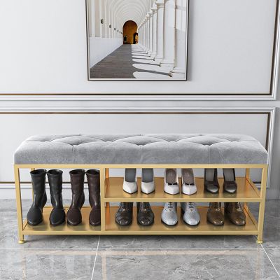 Shoe Bench with Boot Storage Velvet Upholstered Seat Shoe Rack Bench Entryway Long Bench 3-Tier Shoe Organizer with Steel Frame
