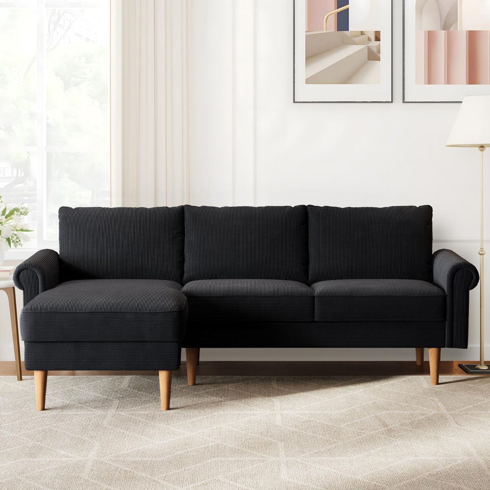 ovios 81.5" L-Shape Sofa Couch with Chaise, Minimalist Plush Corduroy Couches with Comfy Cushions, Modern Luxury Deep Seat Cloud Sofas for Living Room Bedroom, Left Chaise, Black