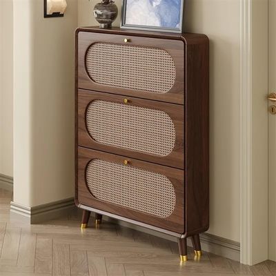 SUNHIPPIE Rattan Shoe Cabinet with 3 Flip Drawers, Slim Rattan Shoe Cabinet for Narrow Space, Rattan Free Standing Shoe Organizer, Wooden Shoe Rack Cabinet for Entryway Hallway(80cm(31.5in) Length)