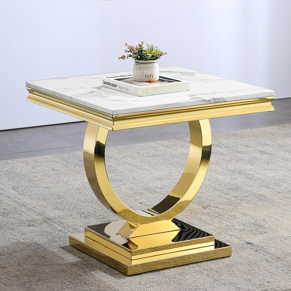 Goderfuu Real Marble End Table Modern Side Table Small End Table Night Stand, Corner Table with Stainless Steel Base, White End Table Bedroom Side Table Living Room Sofa Table Gold Side Table