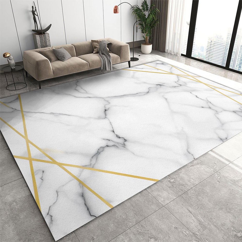 3x6 Runner Rugs Graceful White Marble Texture Bedside Rug, Interweaving Golden Lines Laundry Rug with Non Slip Backing for Bedroom Kitchen Sink Front Door Entryway Indoor