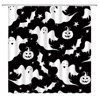 YSATNSFT Spooky Halloween Shower Curtain Funny Ghost Bats Pumpkin Stars Cute Halloween Black White Orange Fabric Bathroom Decor Set with Hooks,(67" Wx70 H)