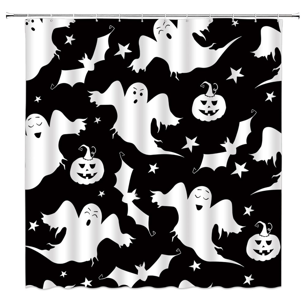 YSATNSFT Spooky Halloween Shower Curtain Funny Ghost Bats Pumpkin Stars Cute Halloween Black White Orange Fabric Bathroom Decor Set with Hooks,(67" Wx70 H)