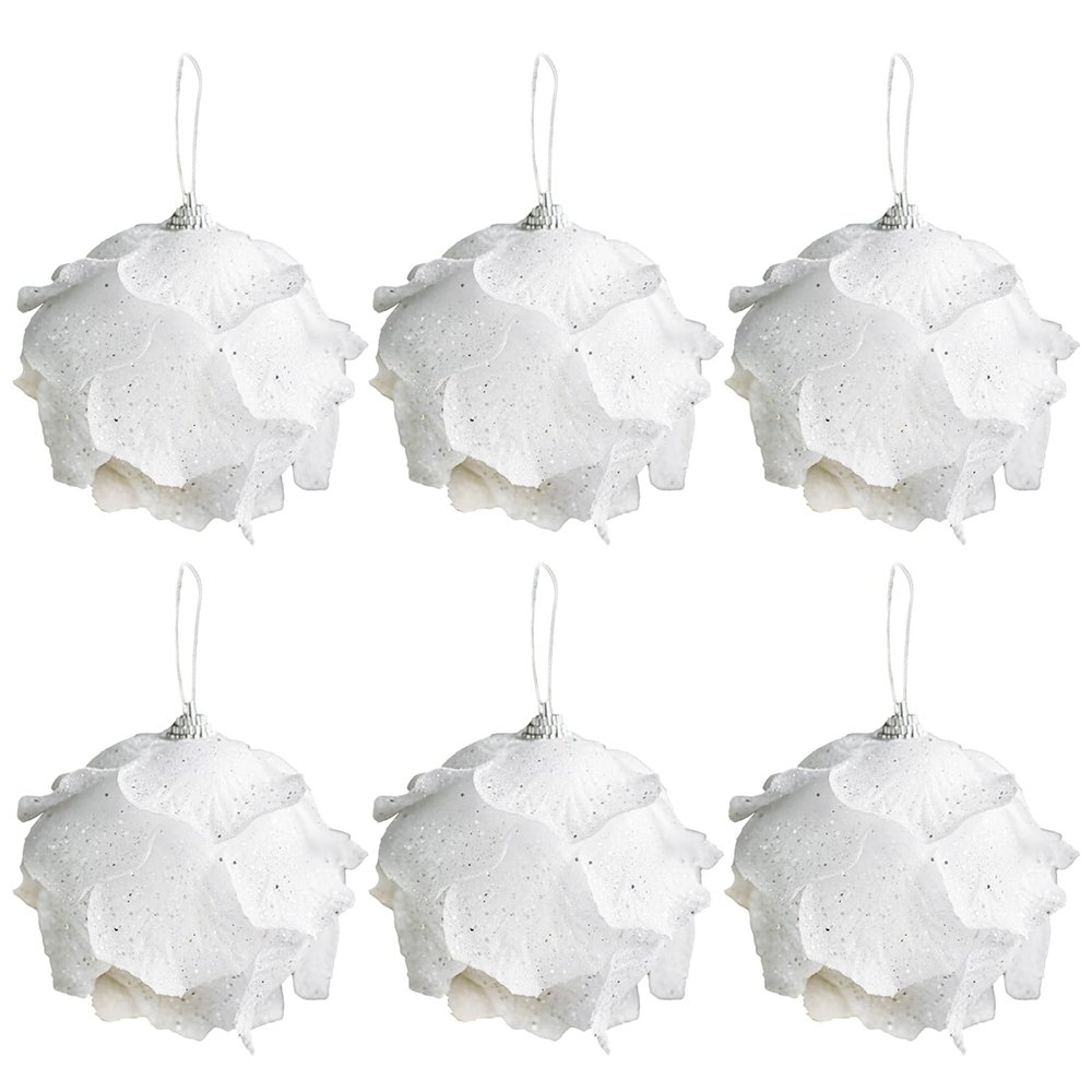 6PCS Christmas Balls Ornament, White Glitter Balls with Hanging Loop, Shatterproof Hanging Balls for Home Xmas Tree Winter Holiday Festival Wreath Party Decor (#4)