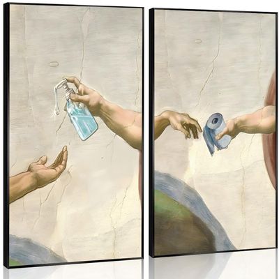 2 Pcs Bathroom Wall Art Retro Funny Hand Of God and Adam Canvas Wall Decor Humor Handwashing Fluid Toilet Paper Paintings Prints Posters for Washroom Bathroom Home Decoration(16 * 24in Unframed)