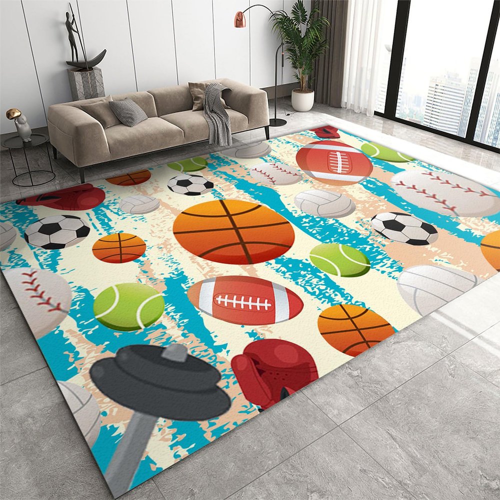 LACEABI Ball Sports Lover Area Rug, Cartoon Doodle Basketball Volleyball Rugby Indoor Non Slip Kids Rugs, Low Pile Soft Foldable Rug for Living Room Bedroom Children's Room Dormitory - 8 ft x 10 ft
