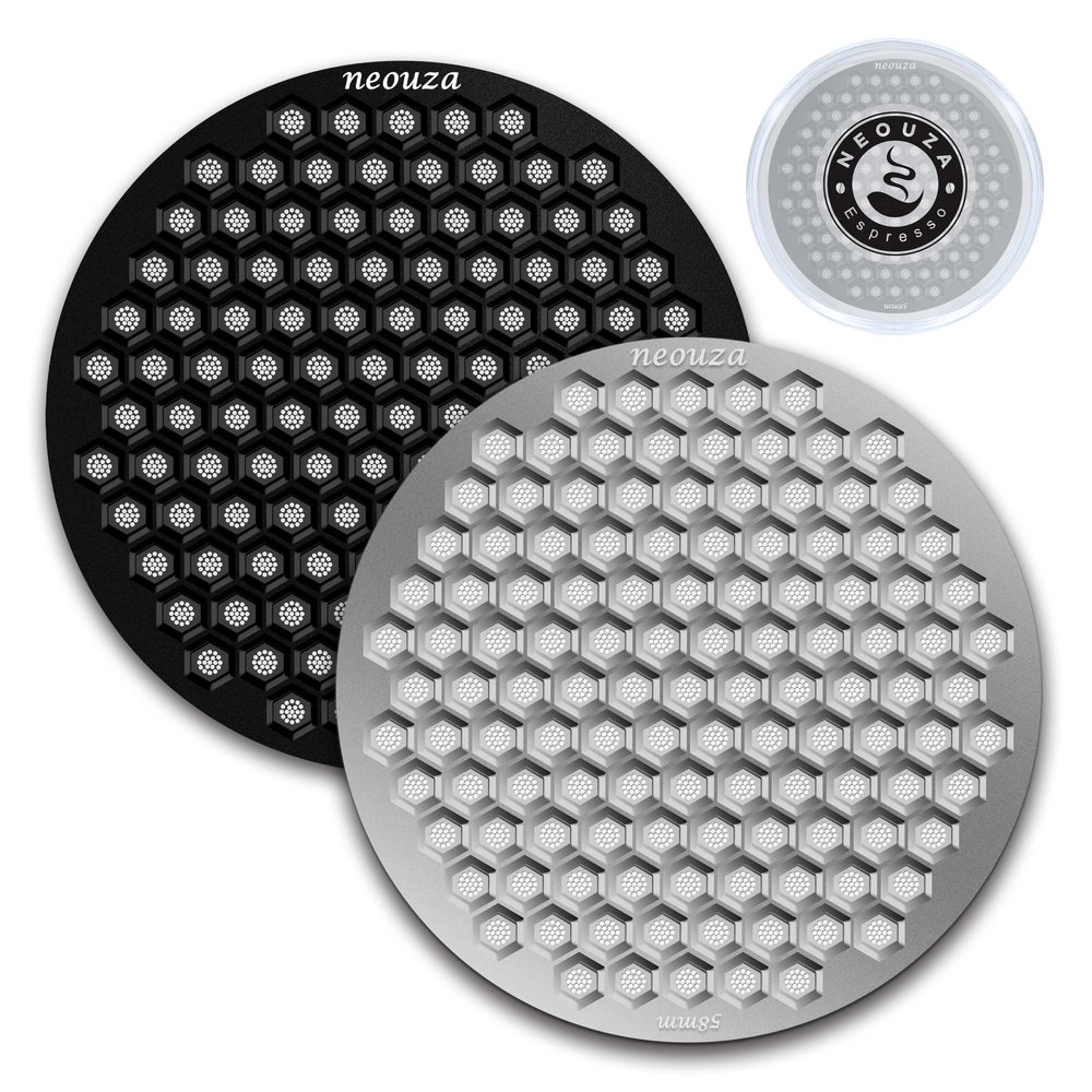 NEOUZA V4 Espresso Puck Screen 0.8mm Thickness Honeycomb Mesh Double Layer Black Protective Coating for Coffee Portafilter Basket (2, Black and Silver, 58mm)