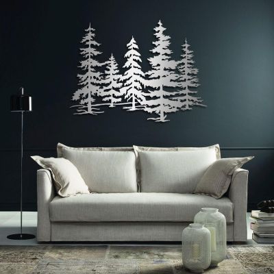 Aportif Metal Pine Tree Wall Art, Pine Tree Wall Decor, Metal Forest Wall Art, Forest Artwork, Nature Decoration, Wall Decor Living Room (Silver, 19 x 14 in / 47 x 35cm)