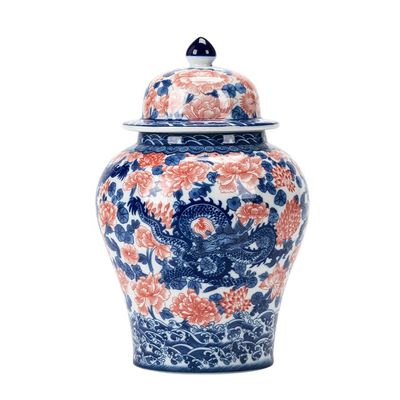 thalo Stash Jar Container Underglaze Red and Blue Tea Can, Dragon and Phoenix Auspicious Ceramic Tea Can, Festive Ornaments Dry Goods Storage Vintage Storage Jars