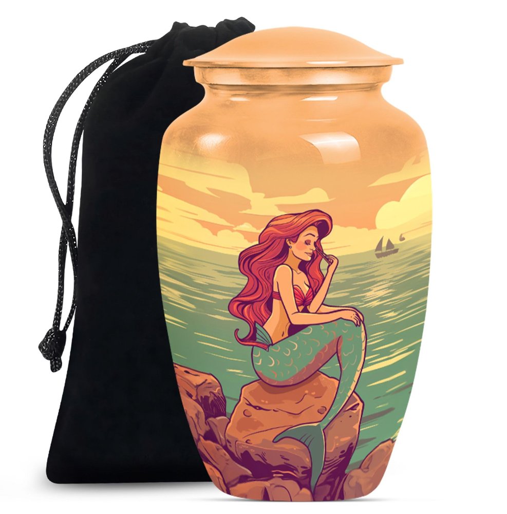 YATHABHISA Serene Mermaid Urn for Cremation Ashes - Memorial Urns for Human Ashes - 10 Inch Large with Velvet Bag - Urns for Mom - Decorative Funeral Urn