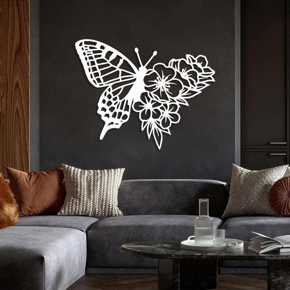 Aportif Metal Butterfly Wall Decor, Floral Butterfly Metal Wall Art, Flower Wall Art, Boho Artwork, Nature Decorations, Flower Decorations, Living Room Decor (White, 19x13 in | 47x33 cm)