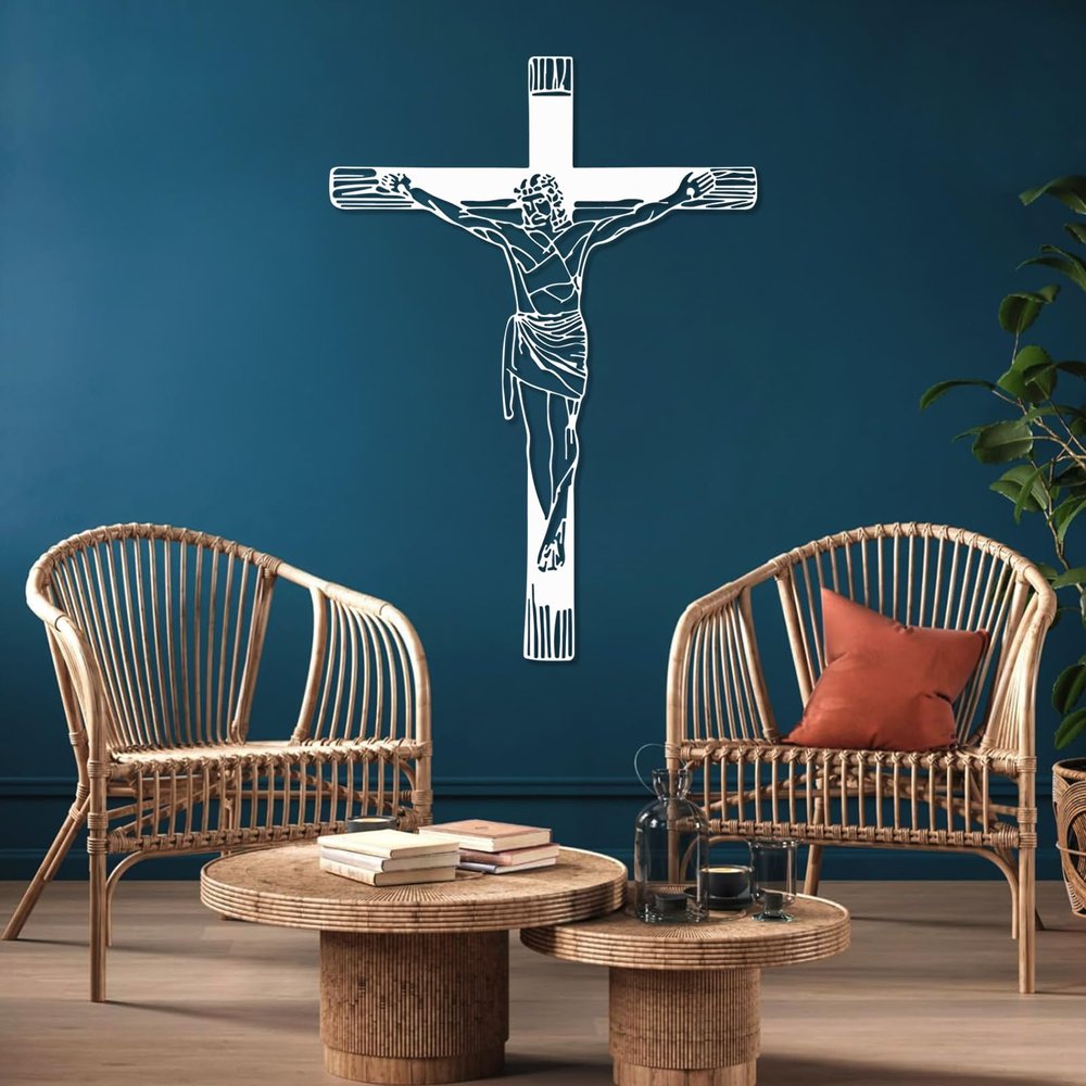 SZI Jesus Cross Metal Wall Decor, Crucifix Wall Cross, Catholic Cross Metal Decor, Jesus Art Wall Decor, Wall Art for Living Room (White, 24"x17" | 60x43cm)