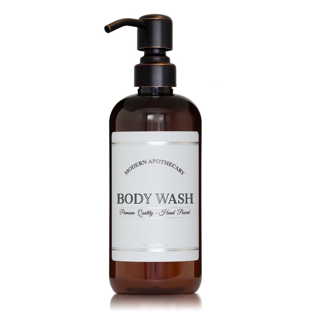 Artanis Home Refillable Amber PET Plastic 16 oz Body Wash Bottle with Oil Rubbed Bronze Pump Dispenser - Chrome Accent Waterproof Labeled Bottle