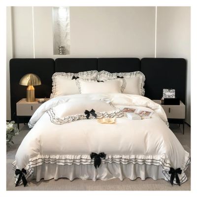 YIZUFU White Korean Style Lace Ruffles Black/Red Bow Princess Bedding Set Duvet Cover Bed Skirt Or Fitted Sheet Bed Sheet Pillowcases,bedding, dxf-123
