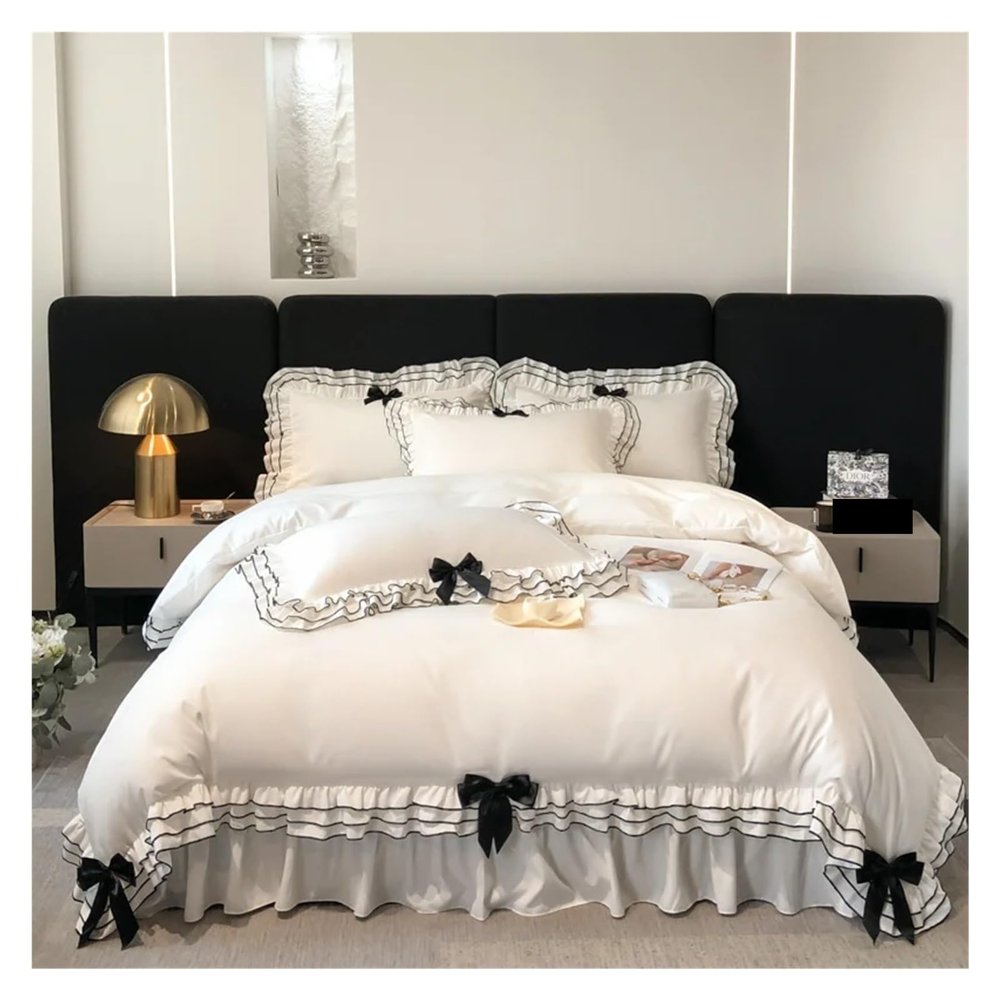 YIZUFU White Korean Style Lace Ruffles Black/Red Bow Princess Bedding Set Duvet Cover Bed Skirt Or Fitted Sheet Bed Sheet Pillowcases,bedding, dxf-123