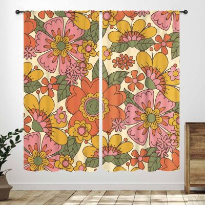 70s Flowers Curtains for Bedroom Window,Vintage Hippie Aesthetic Orange Groovy Cute Blossom Kids Girls Home Living Room Bathroom Dorm Room Window Curtains 2 Piece Set,55X63 Inch