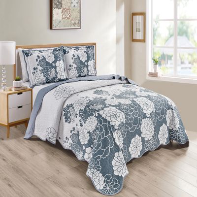 Grand Linen 3-Piece King Size Wave Edged Oversized Quilt Set 120 inch X 106 inch All Seasons Extra Large Bedspread, Pillow Shams Lightweight Soft Coverlet White Grey Colors Bed Cover Floral Pattern