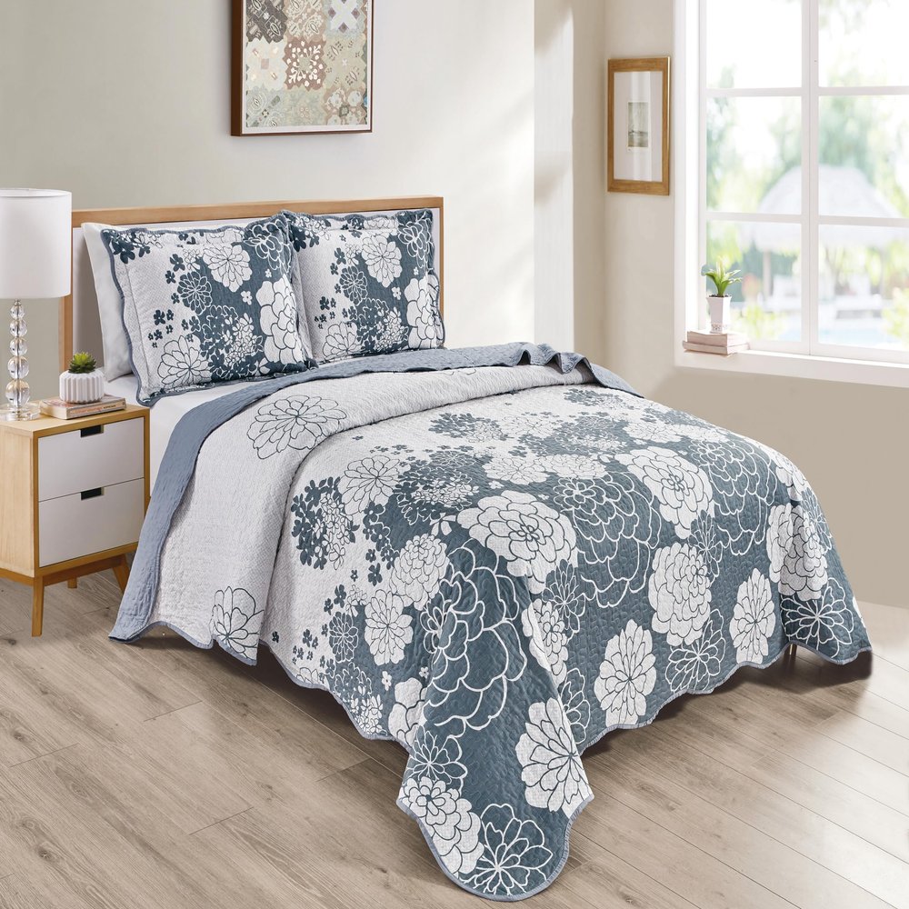Grand Linen 3-Piece King Size Wave Edged Oversized Quilt Set 120 inch X 106 inch All Seasons Extra Large Bedspread, Pillow Shams Lightweight Soft Coverlet White Grey Colors Bed Cover Floral Pattern