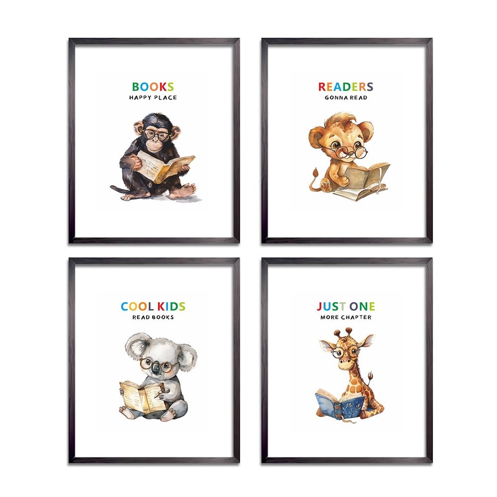 Cute Animal Reading Wall Art for Kids, Cool Kids Read Books Prints | Motivational Quotes Painting Picture Artwork | Preschool Classroom & Library Home Decor Poster 8x10in Unframed Set of 4
