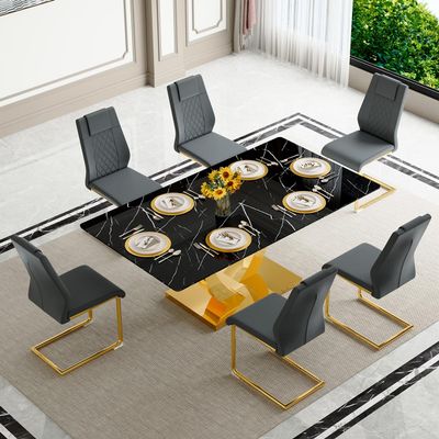 BAOPIN 7-Piece Black Dining Table Set, 63" Faux Marble Dining Table Set for 6, Dinner Table with Stainless Steel Leg and Base and 6 Dining Chairs Set for Kitchen Home