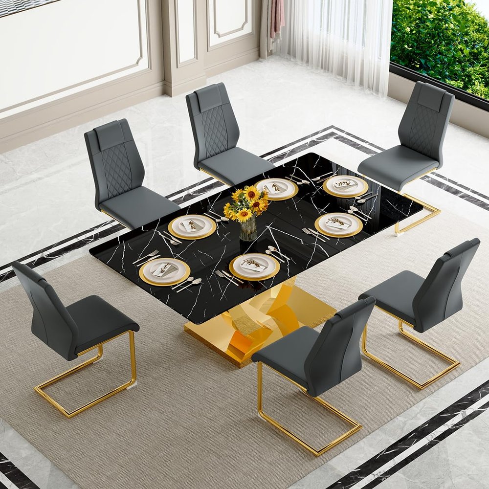 BAOPIN 7-Piece Black Dining Table Set, 63" Faux Marble Dining Table Set for 6, Dinner Table with Stainless Steel Leg and Base and 6 Dining Chairs Set for Kitchen Home