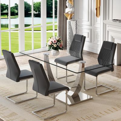 BAOPIN Glass Dining Table Set for 4, 63'' Dining Table Set for 4, Dining Room Table with Stainless Steel Leg and Base, PU Dining Chairs Set for 4