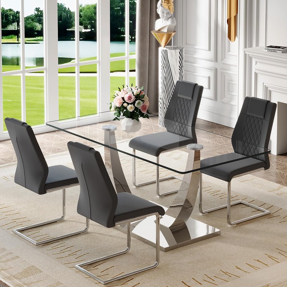 BAOPIN Glass Dining Table Set for 4, 63'' Dining Table Set for 4, Dining Room Table with Stainless Steel Leg and Base, PU Dining Chairs Set for 4